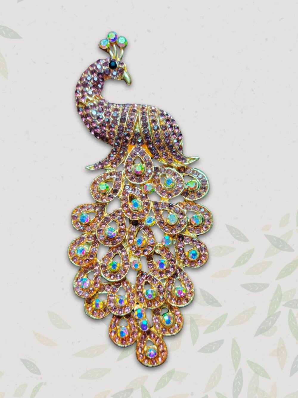 XL 4.75" Gold Pink Iridescent Rhinestone Peacock Bird Pin Brooch Costume Jewelry